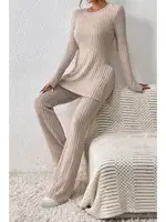 Bej Fitilli Yırtmaç Detaylı Uzun Pijama Takımı Bella Notte 7057 Bej