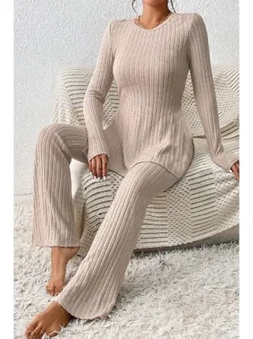 Bella Notte Bej Fitilli Yırtmaç Detaylı Uzun Pijama Takımı Bella Notte 7057 - Alternatif Görünüm