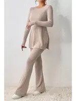 Bej Fitilli Yırtmaç Detaylı Uzun Pijama Takımı Bella Notte 7057 Bej görsel 4