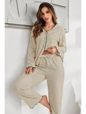 Bella Notte Bej Pamuklu Düğmeli Pijama Takımı Bella Notte 7079 - Alternatif Görünüm