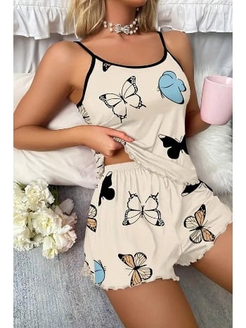 Bej Rengi Kelebek Desenli Şort Takım Bella Notte 7526