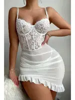 Beyaz Asimetrik Kesim Fırfırlı Gecelik Bella Notte 15910 Beyaz