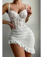 Beyaz Asimetrik Kesim Fırfırlı Gecelik Bella Notte 15910 Beyaz detay görünüm