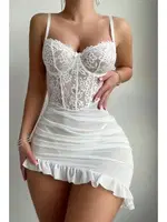 Beyaz Asimetrik Kesim Fırfırlı Gecelik Bella Notte 15910 Beyaz görsel 4