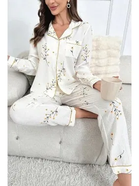 Bella Notte Gömlek Yaka Çiçek Baskılı Cepli Düğmeli Uzun Pijama Takımı Bella Notte 7037