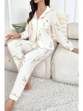 Bella Notte Gömlek Yaka Çiçek Baskılı Cepli Düğmeli Uzun Pijama Takımı Bella Notte 7037 - Alternatif Görünüm