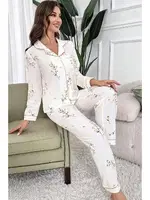 Gömlek Yaka Çiçek Baskılı Cepli Düğmeli Uzun Pijama Takımı Bella Notte 7037 Beyaz farklı açı