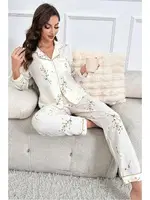 Gömlek Yaka Çiçek Baskılı Cepli Düğmeli Uzun Pijama Takımı Bella Notte 7037 Beyaz görsel 4