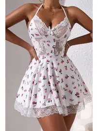 Bella Notte Beyaz Çiçek Desenli Boyundan Bağlamalı Gecelik Bella Notte 15769