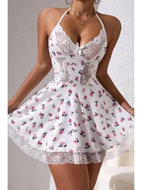 Bella Notte Beyaz Çiçek Desenli Boyundan Bağlamalı Gecelik Bella Notte 15769 - Alternatif Görünüm