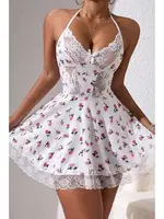 Beyaz Çiçek Desenli Boyundan Bağlamalı Gecelik Bella Notte 15769 Beyaz detay görünüm