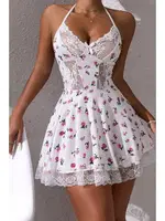 Beyaz Çiçek Desenli Boyundan Bağlamalı Gecelik Bella Notte 15769 Beyaz farklı açı