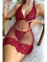 Bordo Boyundan Bağlamalı Gecelik Bella Notte 15618 Bordo