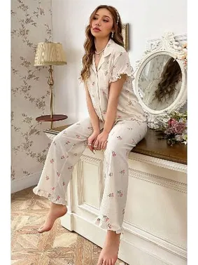Bella Notte Ekru Çiçek Desenli Yakalı Pijama Takımı Bella Notte 7036