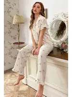 Ekru Çiçek Desenli Yakalı Pijama Takımı Bella Notte 7036 Ekru