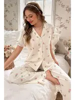 Ekru Çiçek Desenli Yakalı Pijama Takımı Bella Notte 7036 Ekru detay görünüm