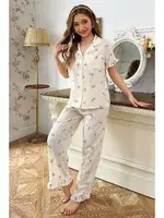 Ekru Çiçek Desenli Yakalı Pijama Takımı Bella Notte 7036 Ekru görsel 4