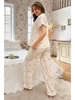 Ekru Çiçek Desenli Yakalı Pijama Takımı Bella Notte 7036 Ekru görsel 5