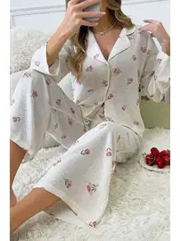 Bella Notte Bella Notte Ekru Desenli Düğmeli Uzun Pijama Takım 7085