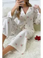 Bella Notte Ekru Desenli Düğmeli Uzun Pijama Takım 7085 Ekru