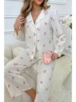 Bella Notte Ekru Desenli Düğmeli Uzun Pijama Takım 7085 Ekru detay görünüm