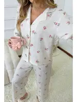 Bella Notte Ekru Desenli Düğmeli Uzun Pijama Takım 7085 Ekru görsel 4