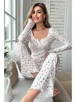 Derin Yaka Ekru Uzun Kollu Kadın Pijama Takımı Bella Notte 7020 Ekru