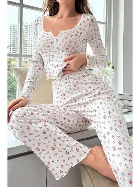 Bella Notte Derin Yaka Ekru Uzun Kollu Kadın Pijama Takımı Bella Notte 7020 - Alternatif Görünüm