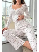 Derin Yaka Ekru Uzun Kollu Kadın Pijama Takımı Bella Notte 7020 Ekru detay görünüm