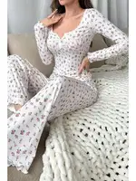 Derin Yaka Ekru Uzun Kollu Kadın Pijama Takımı Bella Notte 7020 Ekru farklı açı