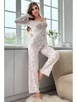 Derin Yaka Ekru Uzun Kollu Kadın Pijama Takımı Bella Notte 7020 Ekru görsel 4