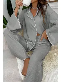 Bella Notte Gri Geniş Uzun Kollu Sonbahar Pijama Takım Bella Notte 7053