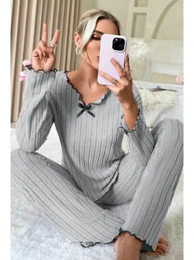 Bella Notte Bella Notte Gri Uzun Kollu Pamuklu Pijama Takımı 7093