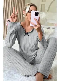 Bella Notte Bella Notte Gri Uzun Kollu Pamuklu Pijama Takımı 7093