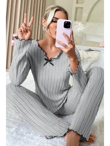 Bella Notte Gri Uzun Kollu Pamuklu Pijama Takımı 7093