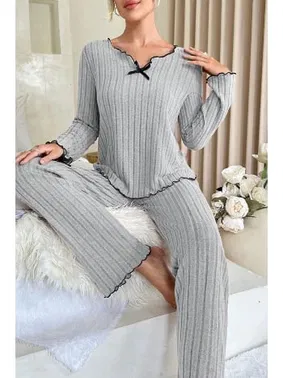 Bella Notte Bella Notte Gri Uzun Kollu Pamuklu Pijama Takımı 7093 - Alternatif Görünüm
