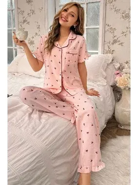 Bella Notte Kiraz Desenli Düğmeli Bebe Yaka Pijama Takımı Bella Notte 7035 - Alternatif Görünüm