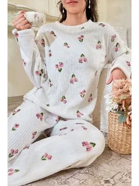 Bella Notte Kırık Beyaz Çiçek Desenli Pamuklu Pijama Takımı Bella Notte 7081