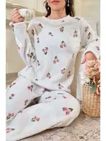 Kırık Beyaz Çiçek Desenli Pamuklu Pijama Takımı Bella Notte 7081 Kirik Beyaz