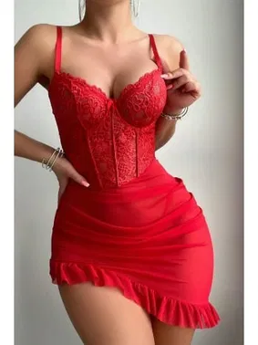 Bella Notte Kırmızı Asimetrik Kesim Fırfırlı Gecelik Bella Notte 15621