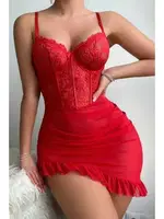 Kırmızı Asimetrik Kesim Fırfırlı Gecelik Bella Notte 15621 Kırmızı farklı açı