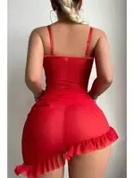 Kırmızı Asimetrik Kesim Fırfırlı Gecelik Bella Notte 15621 Kırmızı görsel 4