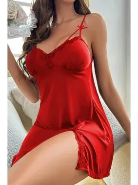 Bella Notte Kırmızı Dökümlü Yırtmaç Detay Şık Geceliik Bella Notte 15535