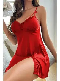 Bella Notte Kırmızı Dökümlü Yırtmaç Detay Şık Geceliik Bella Notte 15535