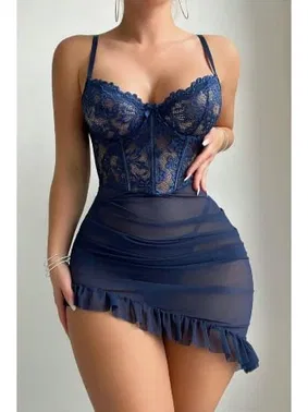 Bella Notte Bella Notte Lacivert Asimetrik Kesim Fırfırlı Gecelik 15620