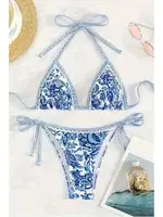 Bella Notte Mavi Desenli Üçgen Bikini Set M-9003 Mavi