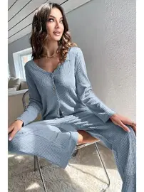 Bella Notte Mavi Hırkalı Pamuklu Pijama Takımı Bella Notte 7071