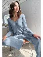 Mavi Hırkalı Pamuklu Pijama Takımı Bella Notte 7071 Mavi