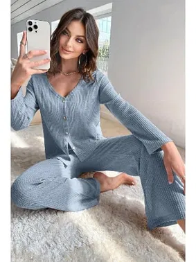 Bella Notte Mavi Hırkalı Pamuklu Pijama Takımı Bella Notte 7071 - Alternatif Görünüm