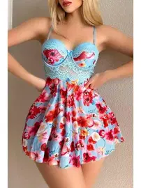 Bella Notte Mavi Rüya Gecesi Çiçekli Askılı Mini Gecelik Bella Notte 15628